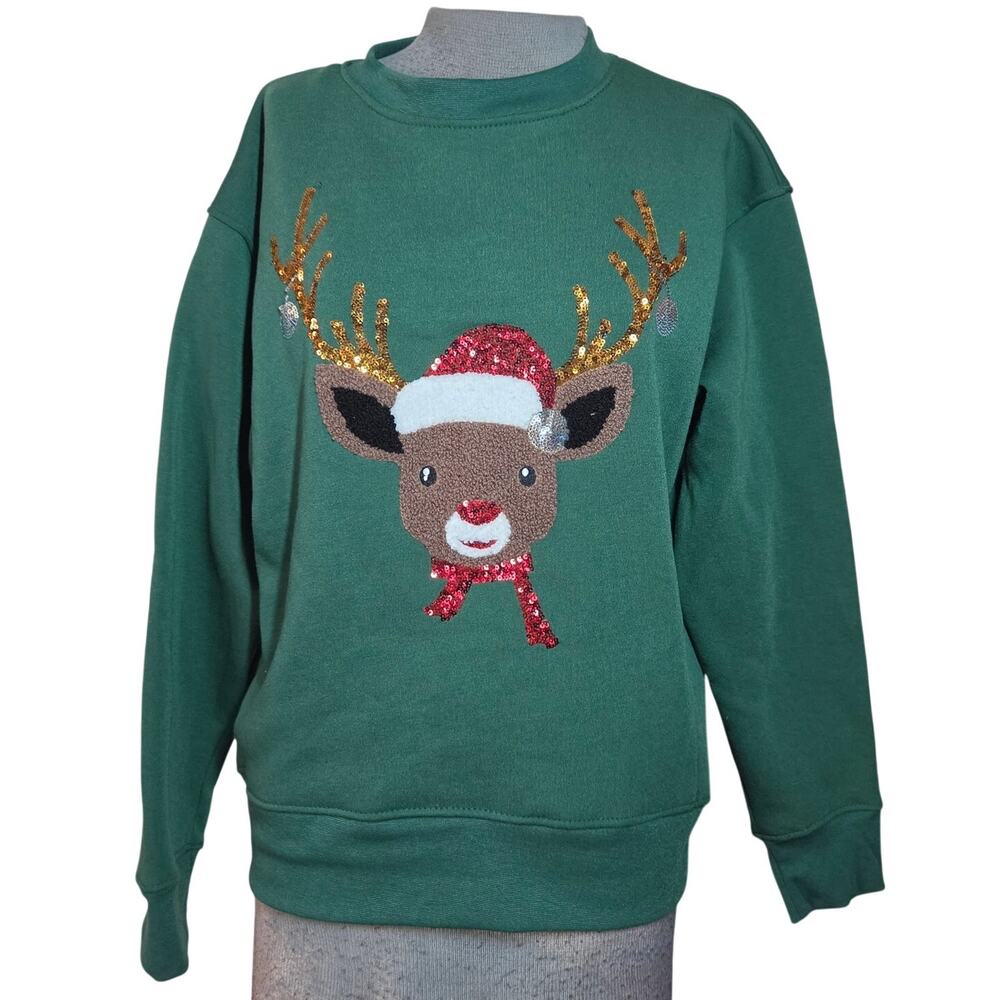 Green Sequin Embellished Holliday Christmas Reindeer Sweatshirt Size Medium